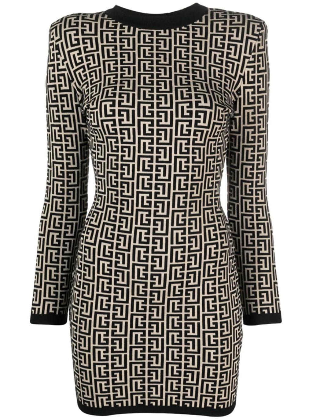 BALMAIN Back Zipped Monogram Knitted Mini Dress In Multicolor Product Image