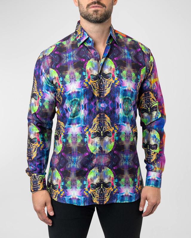 Maceoo Fibonacci Skull Glow Cotton Button-Up Shirt Product Image