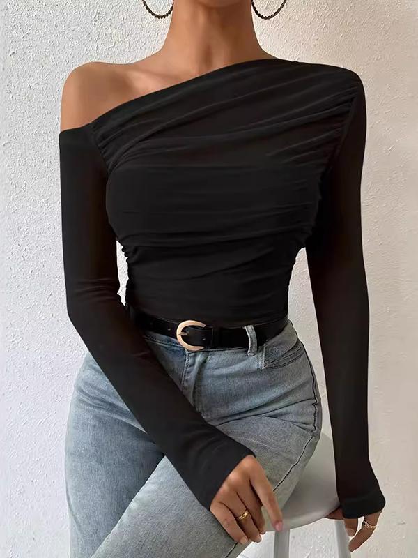 Long Sleeves Skinny Asymmetric Gauze Pleated See-Through Solid Color One-Shoulder T-Shirts Tops Product Image