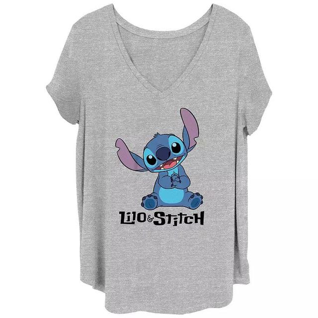 Disneys Lilo & Stitch Stitch Sitting Line Logo Juniors Plus Graphic Tee, Womens Grey Gray Product Image