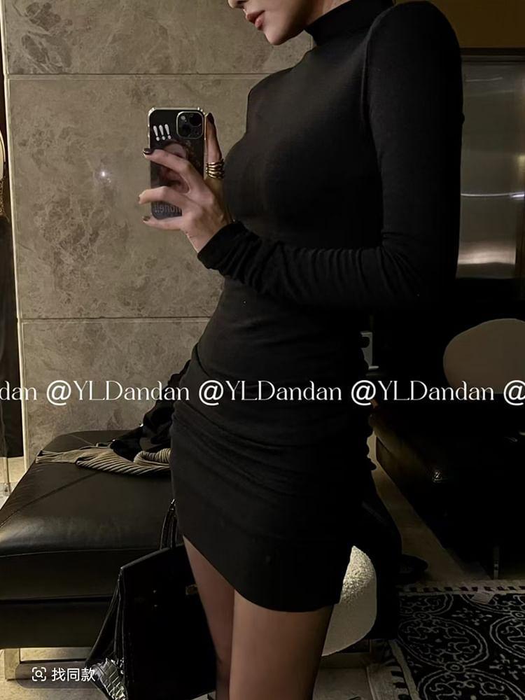 Long Sleeve Mock Neck Plain Glitter Mini Sheath Dress Product Image