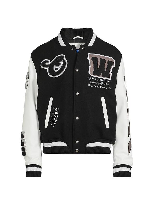 Off-White Leather & Virgin Wool Blend Varsity Jacket Product Image