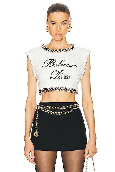 BALMAIN Signature Embroidered Tweed Crop Top White. (also in ). Product Image