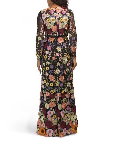 Long Sleeve Floral Embroidered Gown for Women | Polyester Product Image