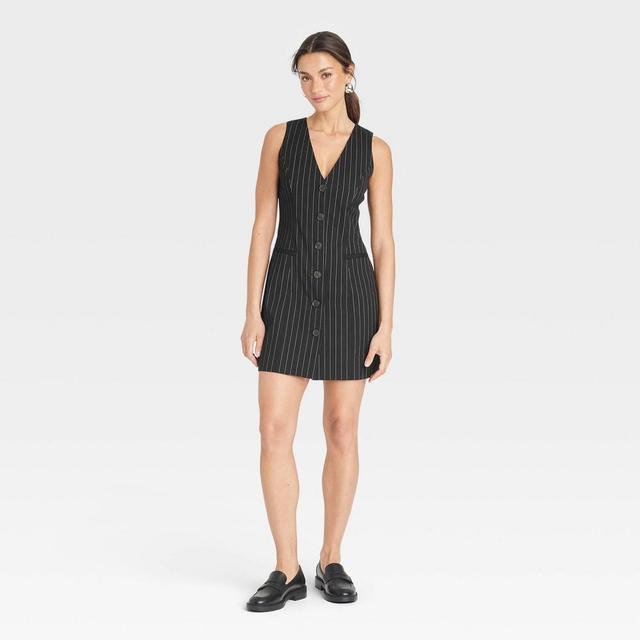 Womens Tailored Mini Vest Dress - A New Day Black Pinstripe Product Image