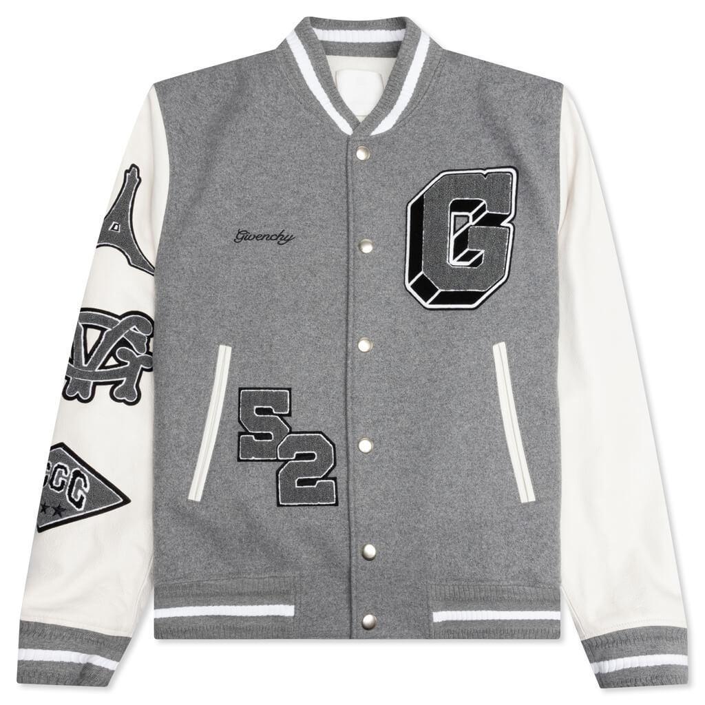 Varsity Bomber Jacket w/ Patches - Grey/White Male Product Image