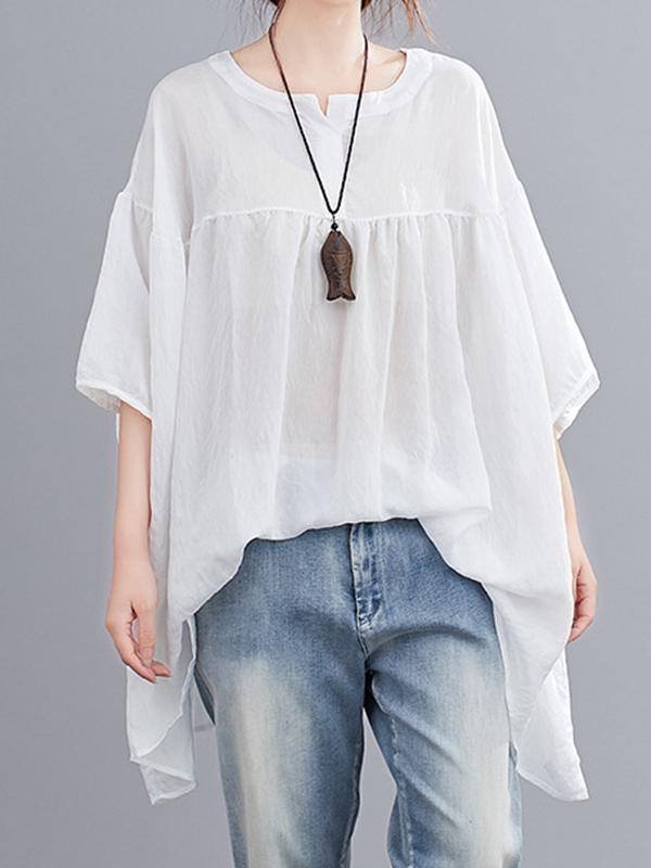 Half Sleeves Loose Pleated See-Through Solid Color Round-Neck Blouses&Shirts Tops Product Image