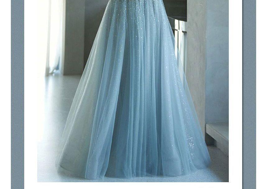 Long-Sleeve Square Neck Mesh A-Line Evening Gown Product Image