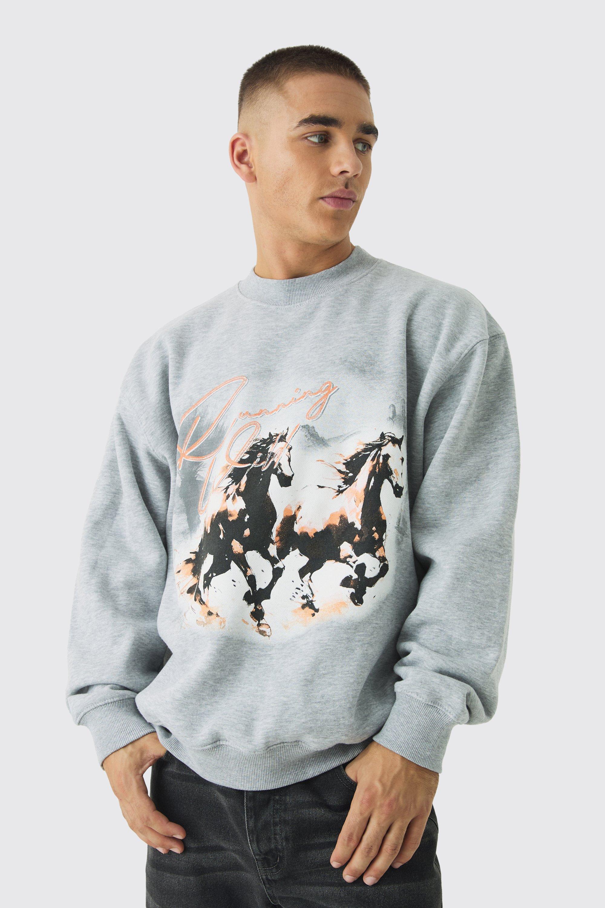 Oversized Extended Neck Horse Print Sweatshirt | boohooMAN USA Product Image