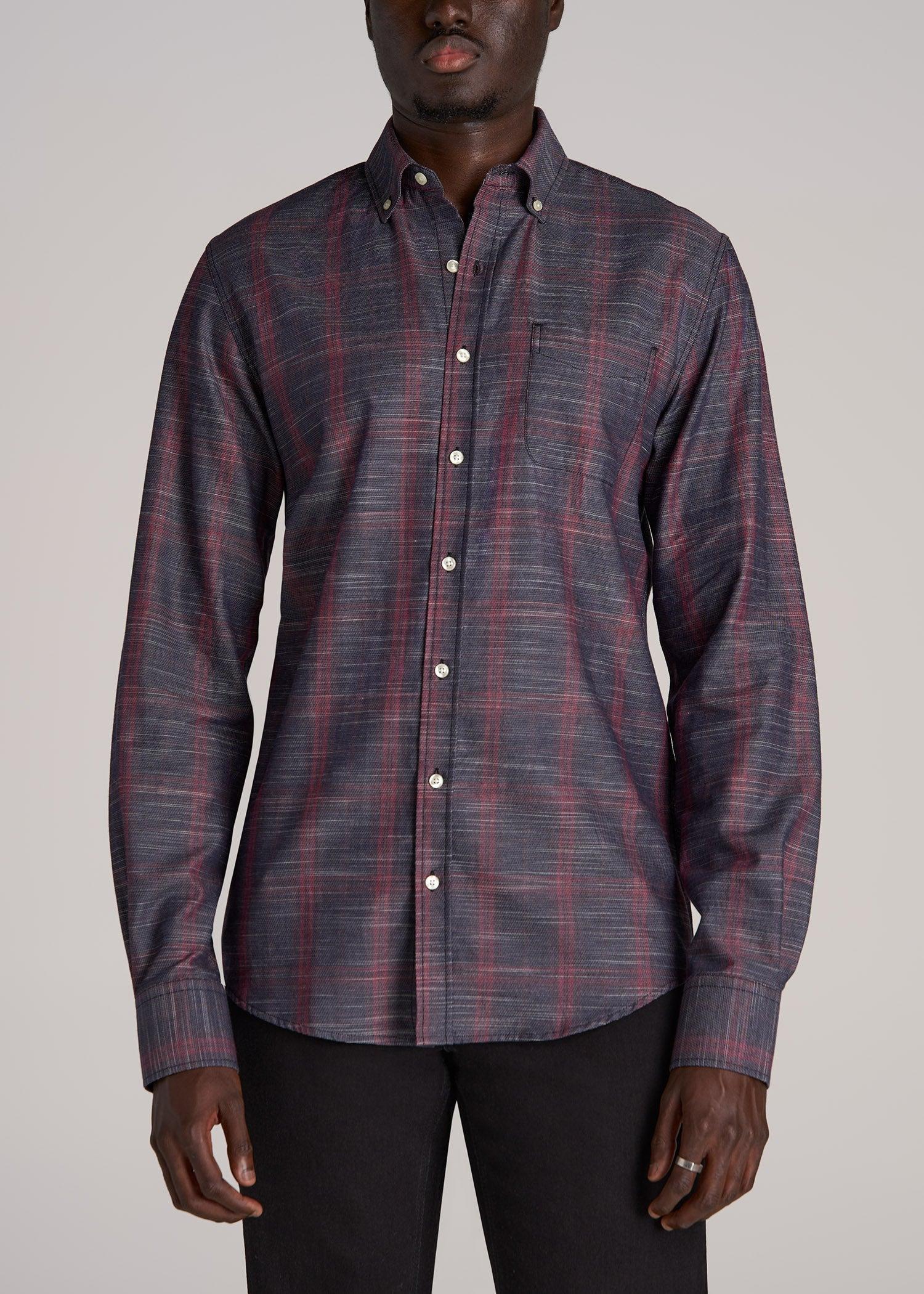 Textured Weave Cotton Button-Up Shirt for Tall Men in Red Plaid product image