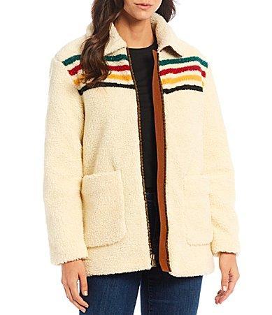 Pendleton Glacier Sunset Stripe Print Stand Collar Long Sleeve  Fleece Cozy Zip Front Coat Product Image