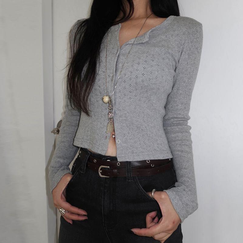 Long Sleeve Plain Pointelle Slim-Fit Cardigan Product Image