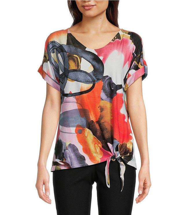 Ali Miles Knit Watercolor Print V Neck Short Sleeve Front Tie Tunic Product Image