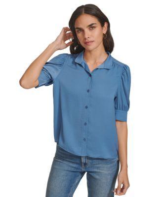 Petite Puff-Sleeve Button-Front Shirt Product Image