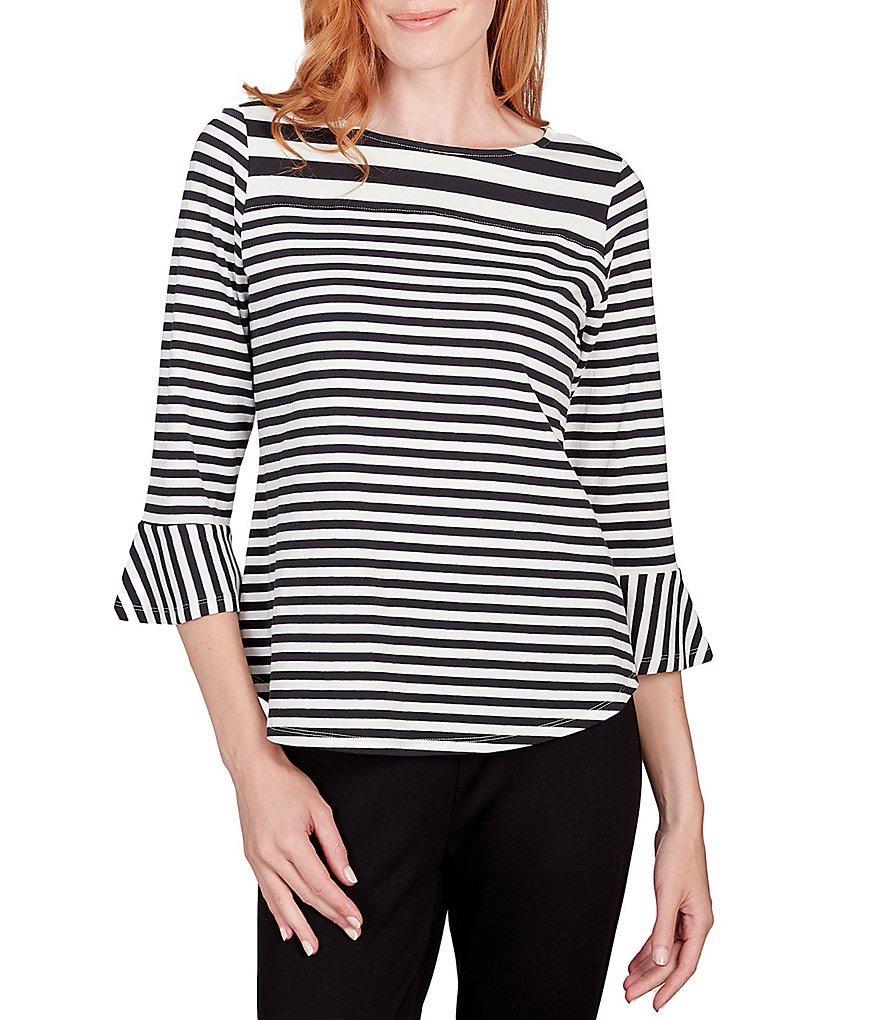 Ruby Rd. Petite Size Yarn Dye Stripe Knit Round Neck 3/4 Flounce Sleeve Top product image