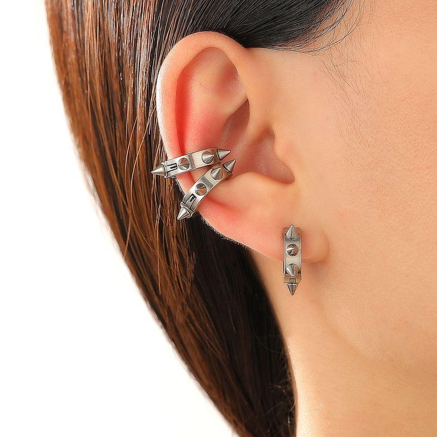 Set of 3: Studded Stainless Steel Ear Cuff + Huggie Earring Product Image