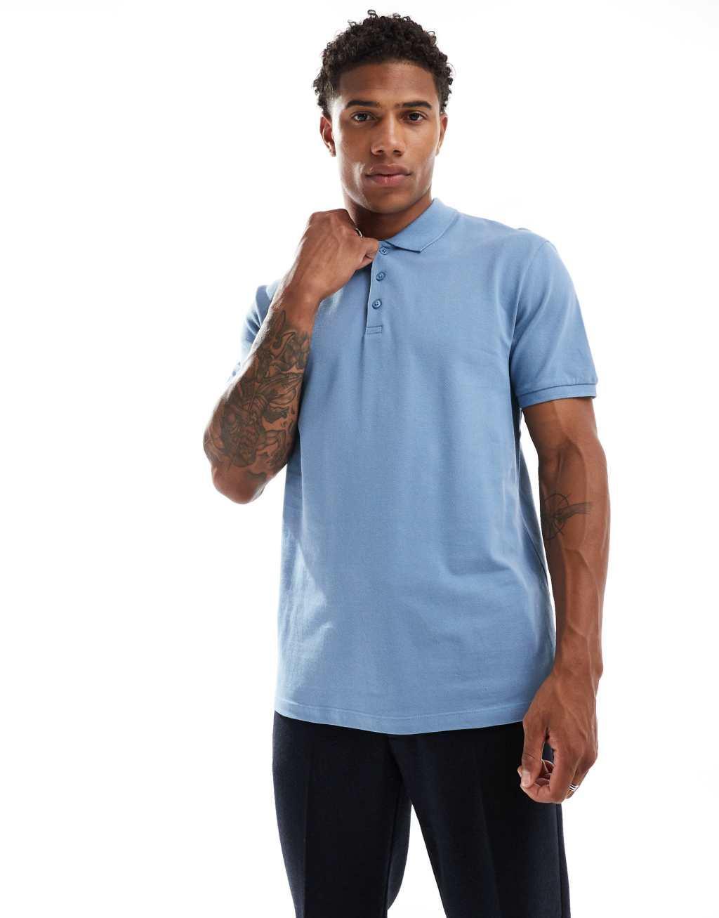 ASOS DESIGN pique polo in mid blue Product Image