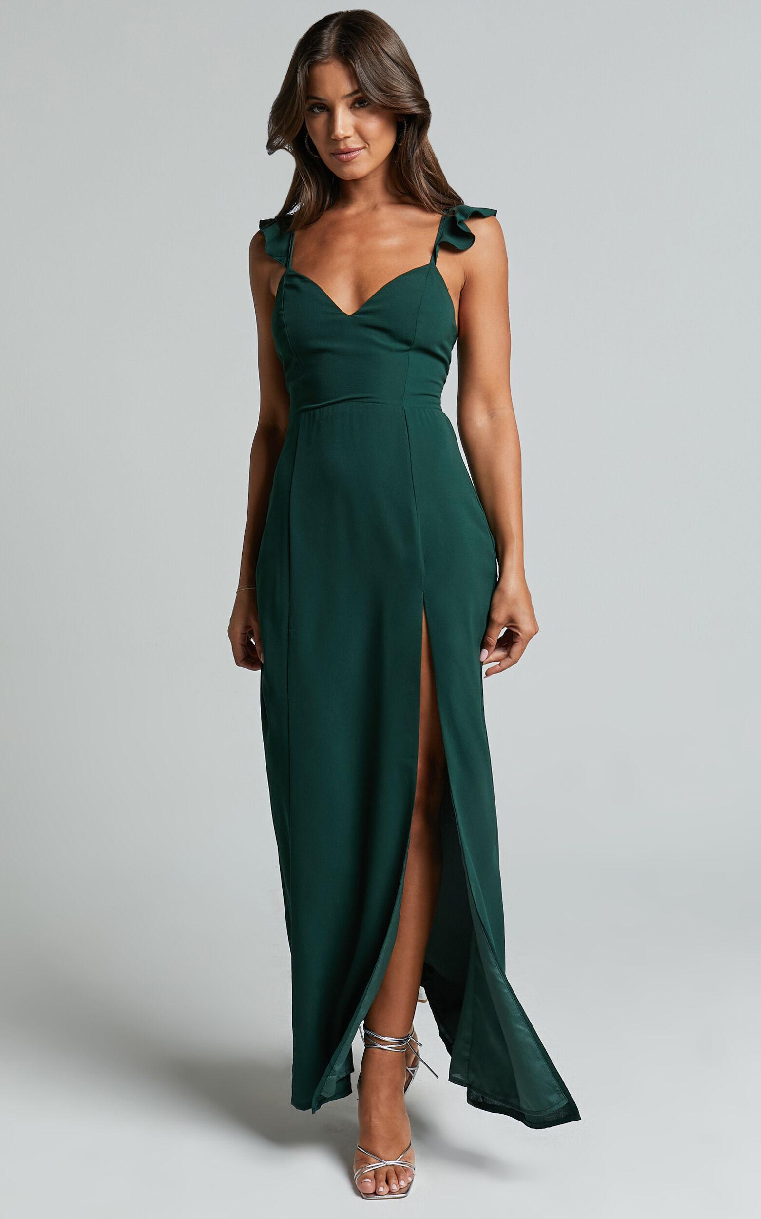 More Than This Midi Dress - Ruffle Strap Thigh Split Dress in Emerald Product Image