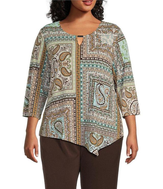 Allison Daley Plus Size 3/4 Sleeve Keyhole Neck Asymmetric Hem Knit Top Product Image