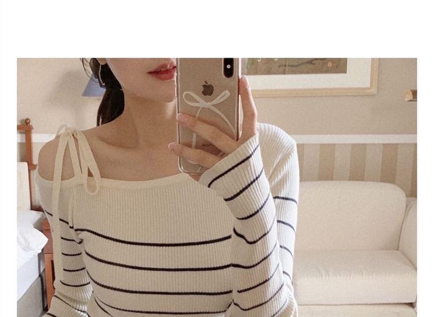 Cold-Shoulder Striped Ribbed Sweater Product Image