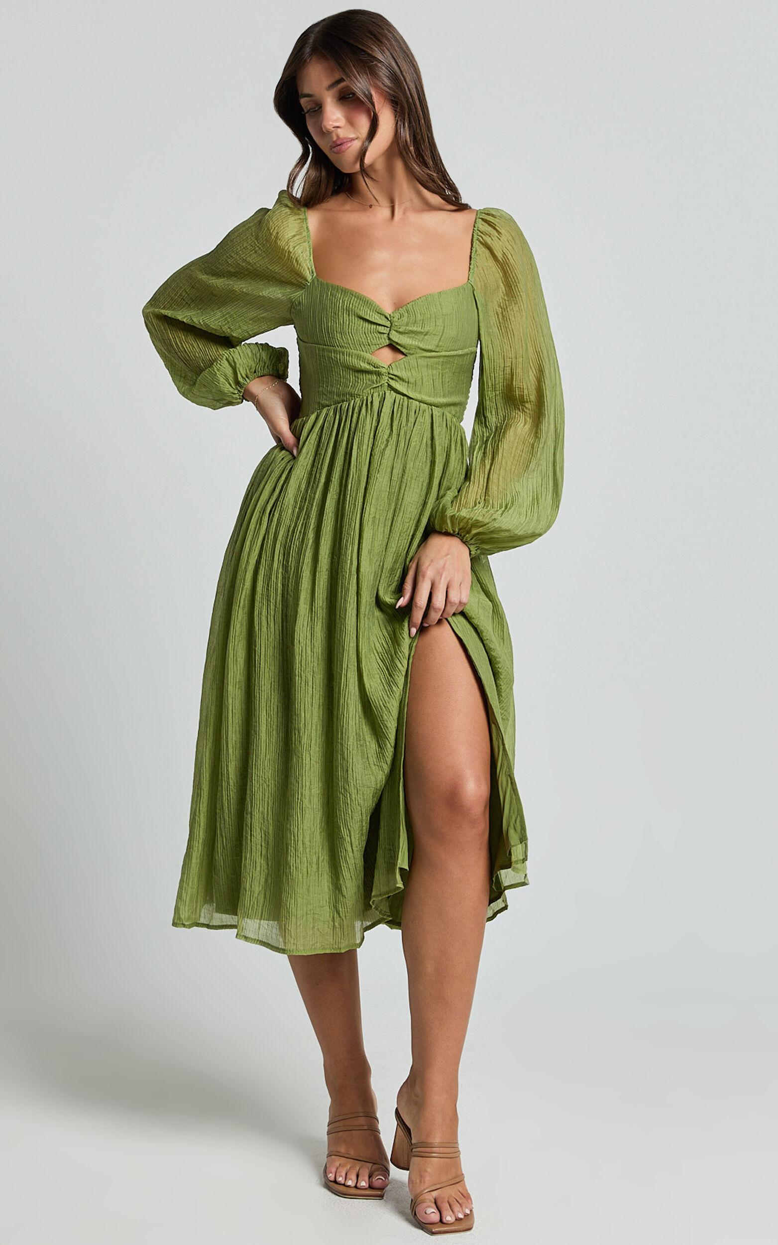 Zahara Midi Dress - Blouson Sleeve Cut Out Dress in Green Product Image