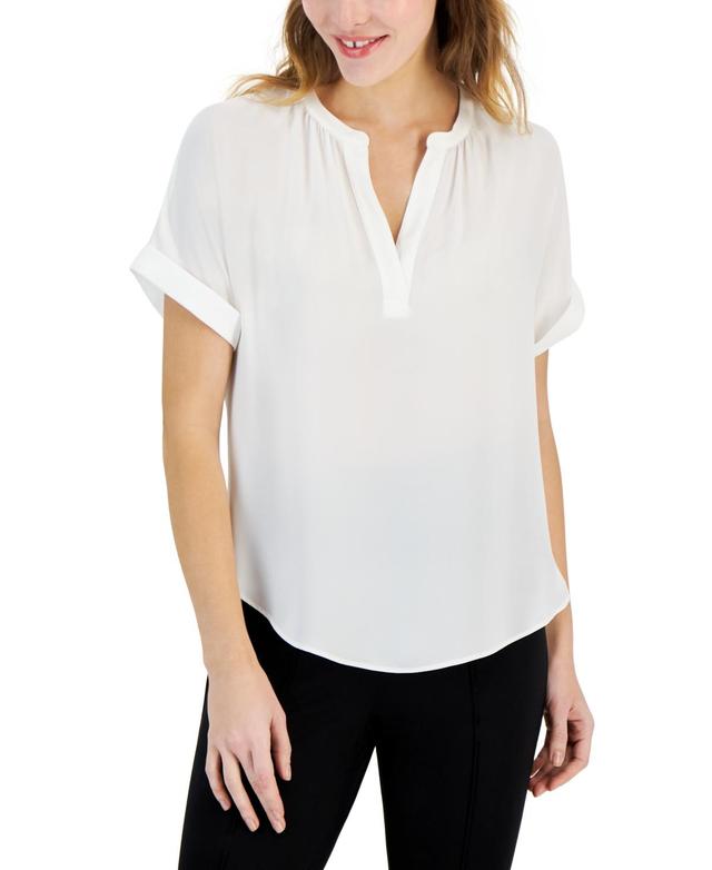 T Tahari Womens Split-Neck Rolled-Cuff Top Product Image