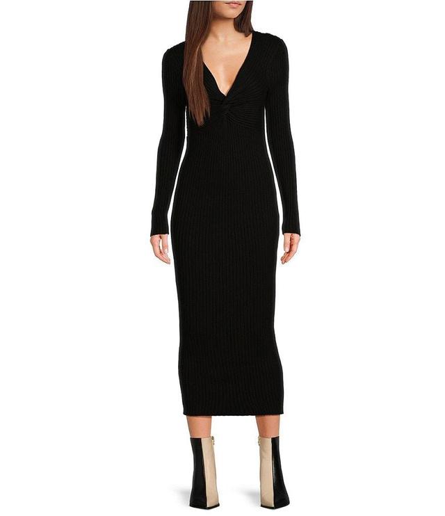 Every Ruched Twist Front V-Neck Long Sleeve Maxi Bodycon Sweater Dress Product Image