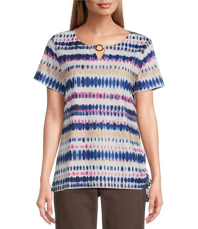 Allison Daley Petite Size Tie-Dye Stripe Short Sleeve Keyhole Neck Ruched Side Tie Hem Knit Top Product Image