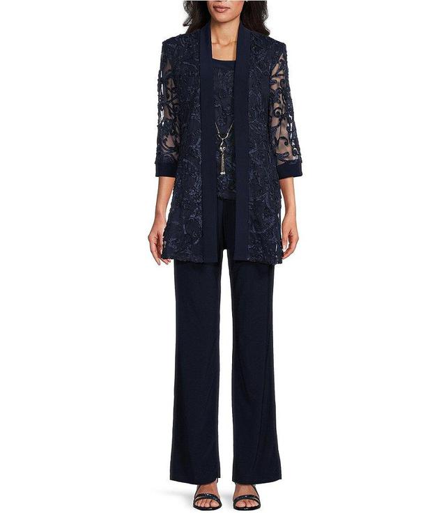 R & M Richards Embroidered Soutache Mesh Lace 3/4 Sleeve Scoop Neck 2-Piece Pant Set Product Image