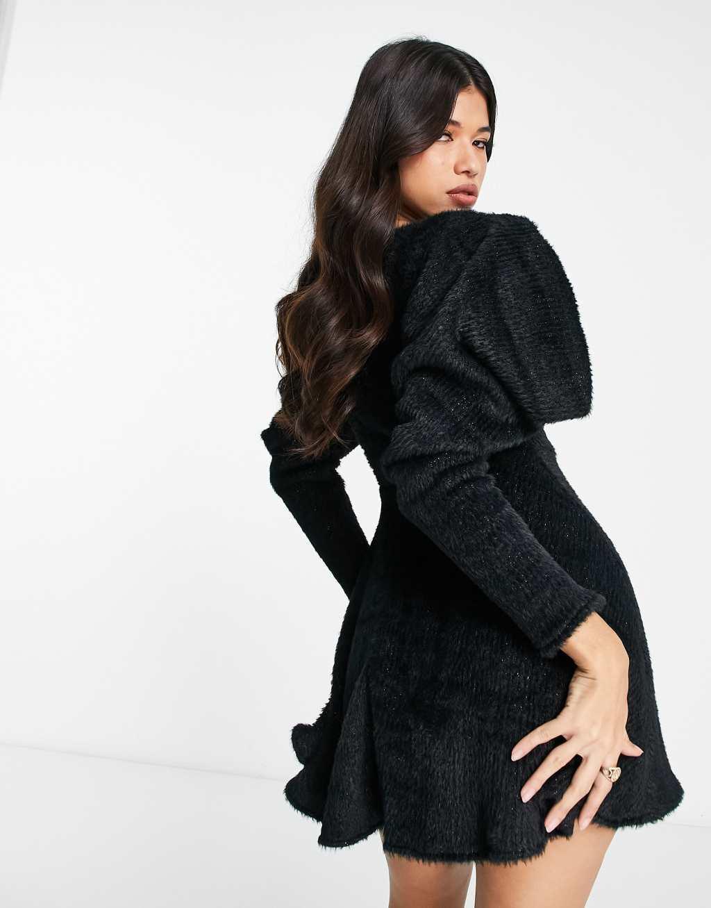 ASOS LUXE fluffy knitted corsetted dress with flippy skirt in black Product Image