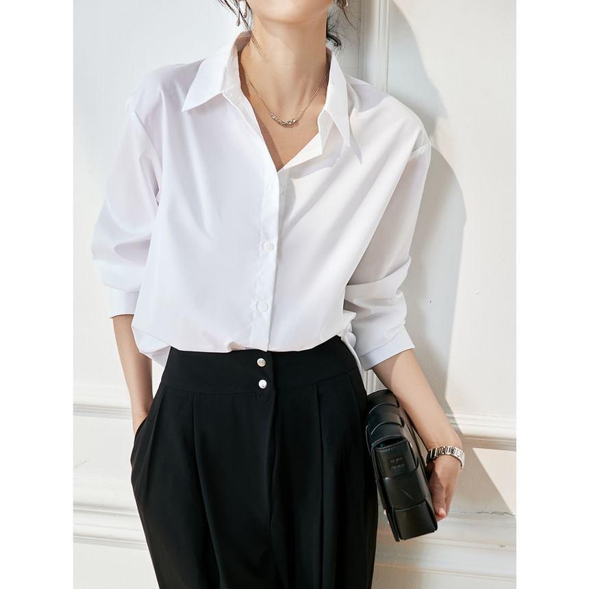 Long Sleeve Collared Plain Shirt Product Image