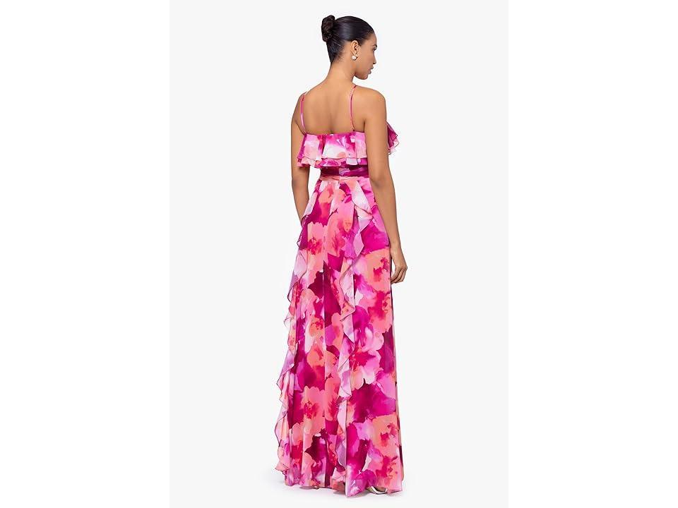 XSCAPE Long High Multi Chifon Print Flower (Fushia Coral) Women's Dress Product Image