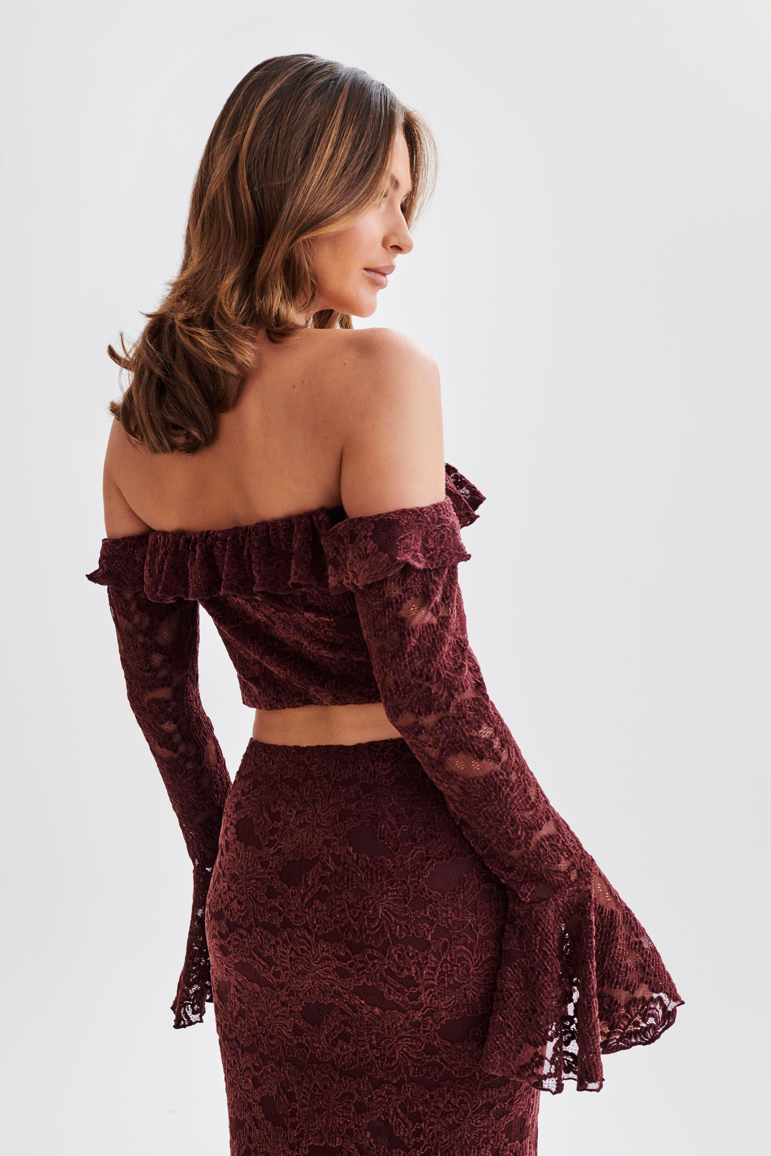 Artemis Lace Plisse Off Shoulder Top - Plum Product Image