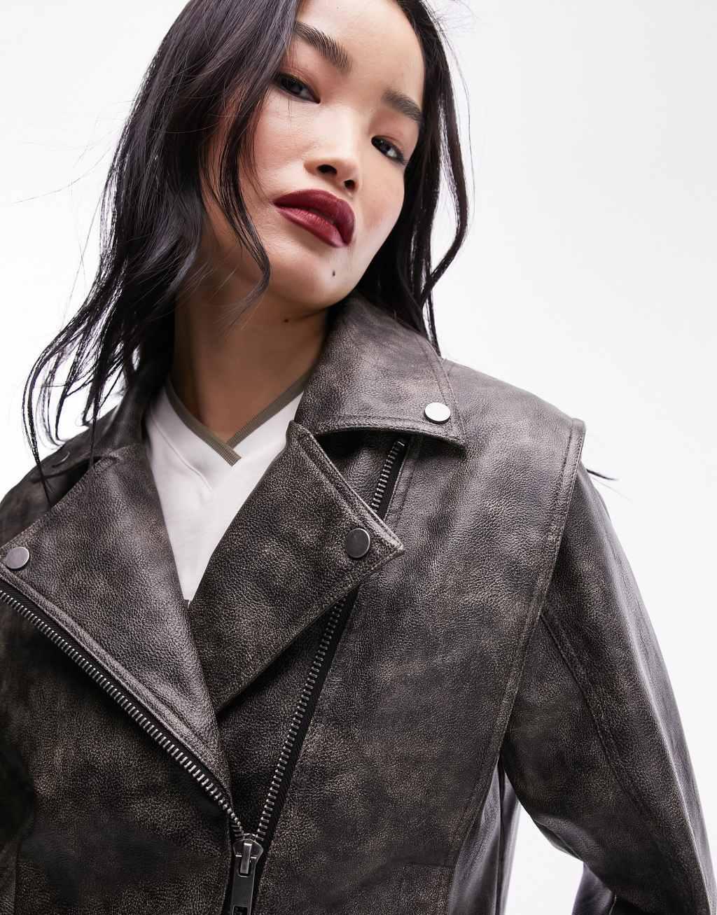 Topshop faux leather washed biker jacket in gray Product Image