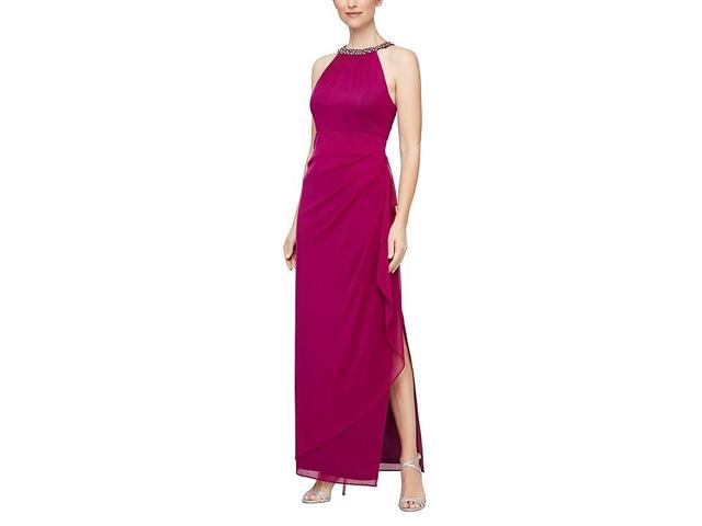 Alex Evenings Beaded Halter Long Gown with Side Ruching (Fuchsia) Women's Dress Product Image