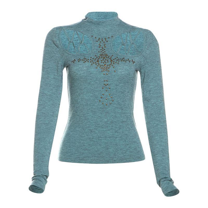 Long-Sleeve Mock Neck Plain Studded Cutout T-Shirt Product Image