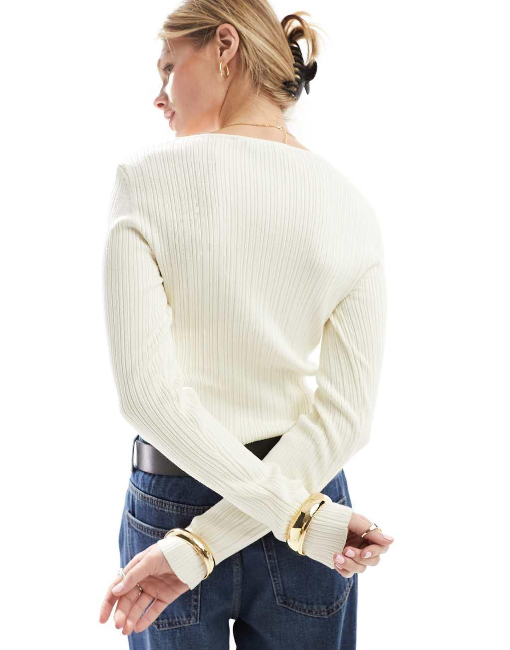 Miss Selfridge variegated knit rib twist detail cut out long sleeve top in cream Product Image