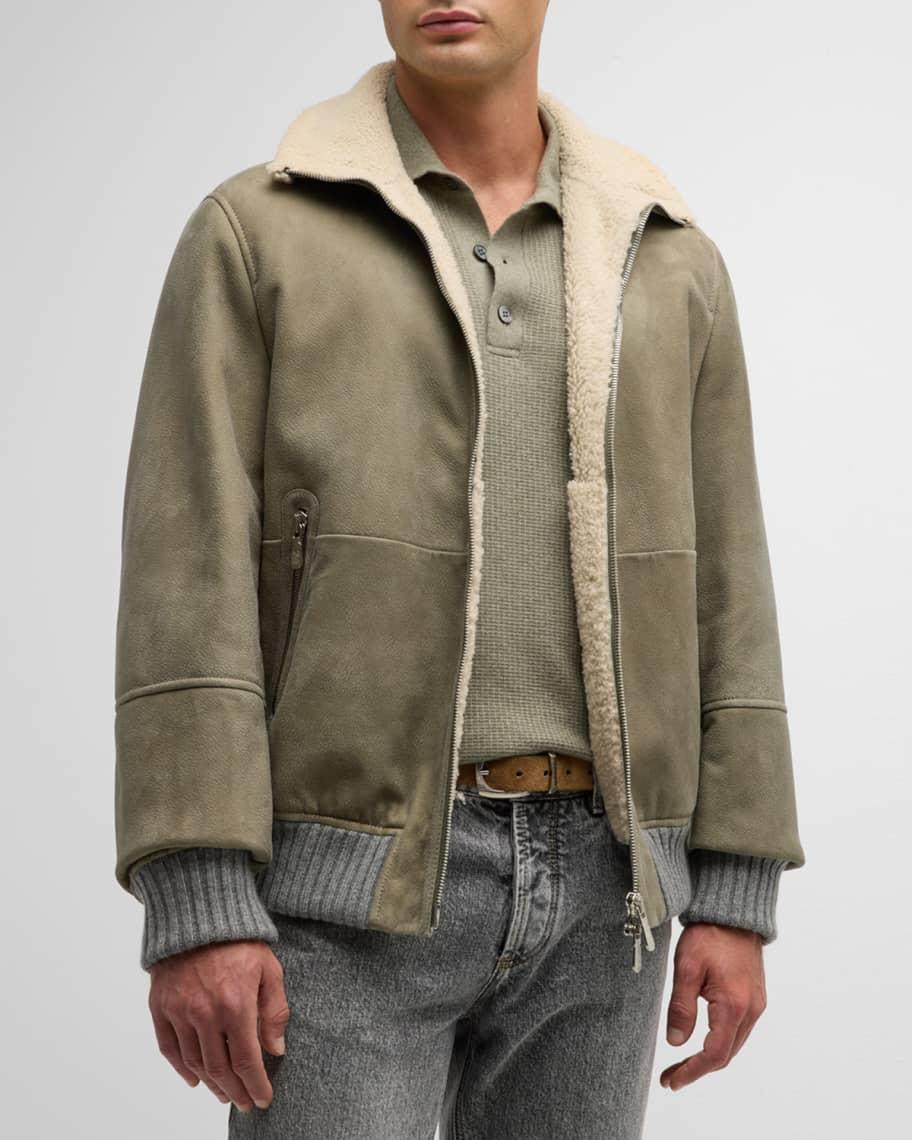 Men's Shearling-Lined Suede Full-Zip Bomber Jacket Product Image