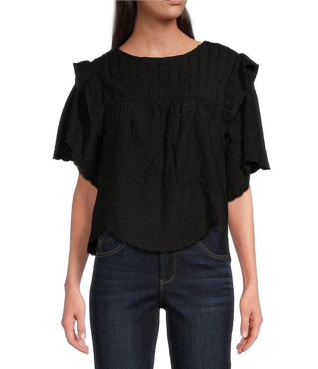 Democracy Allover Eyelet Crew Neck Ruffle Trim Short Dolman Sleeve Scalloped Hem Woven Top Product Image