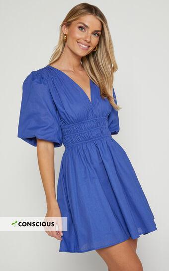 Francesca V Neck Puff Sleeves Mini Dress in Cornflower Blue Product Image