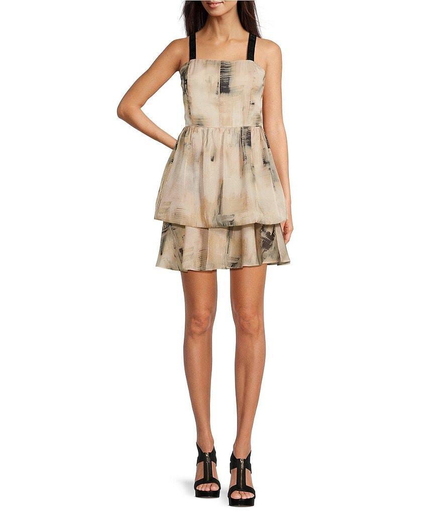 DKNY Printed Organza Square Neck Sleeveless Mini A-Line Dress product image