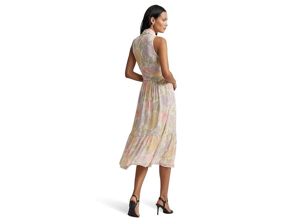 LAUREN Ralph Lauren Floral Crinkle Georgette Tie-Neck Dress (Cream ) Women's Dress Product Image