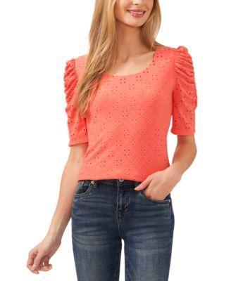 CeCe Womens Short Sleeve Eyelet-Embroidered Knit Top Product Image