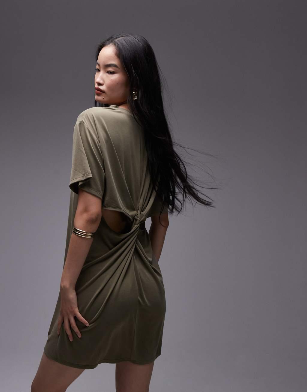 Topshop premium super soft twist back cupro T-shirt mini dress in khaki Product Image