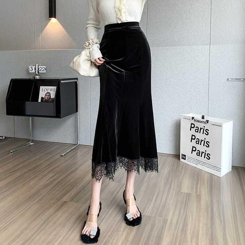 High Waist Lace Trim Midi Mermaid Skirt Product Image