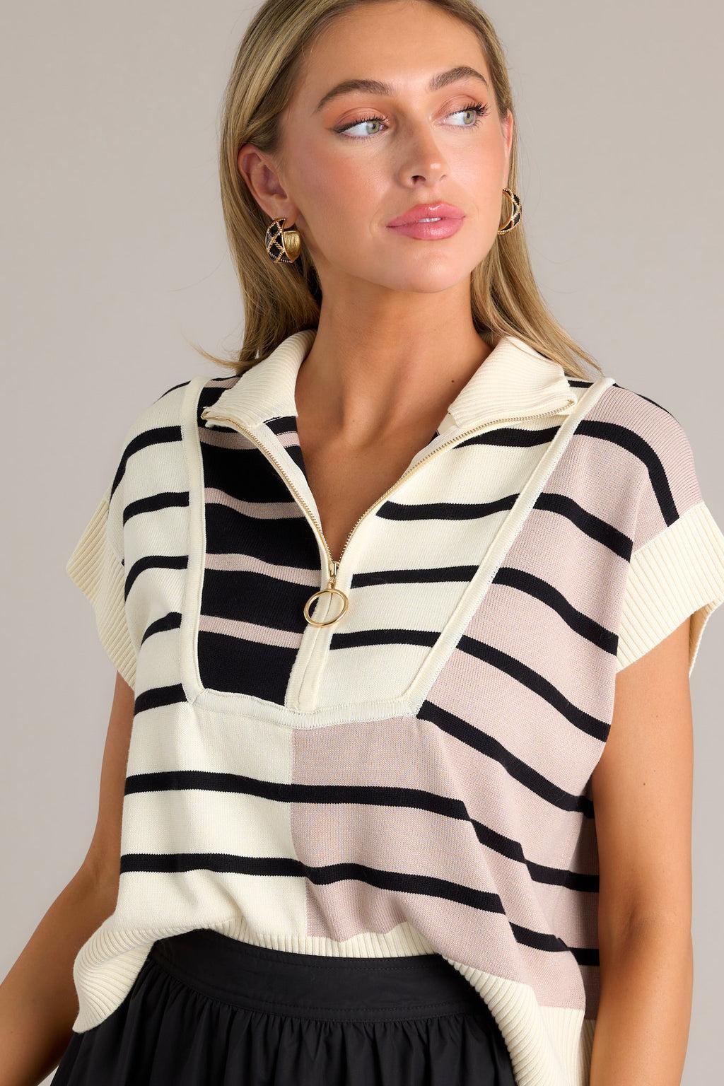 Bold Bands Beige Stripe Half-Zip Sleeveless Sweater Product Image