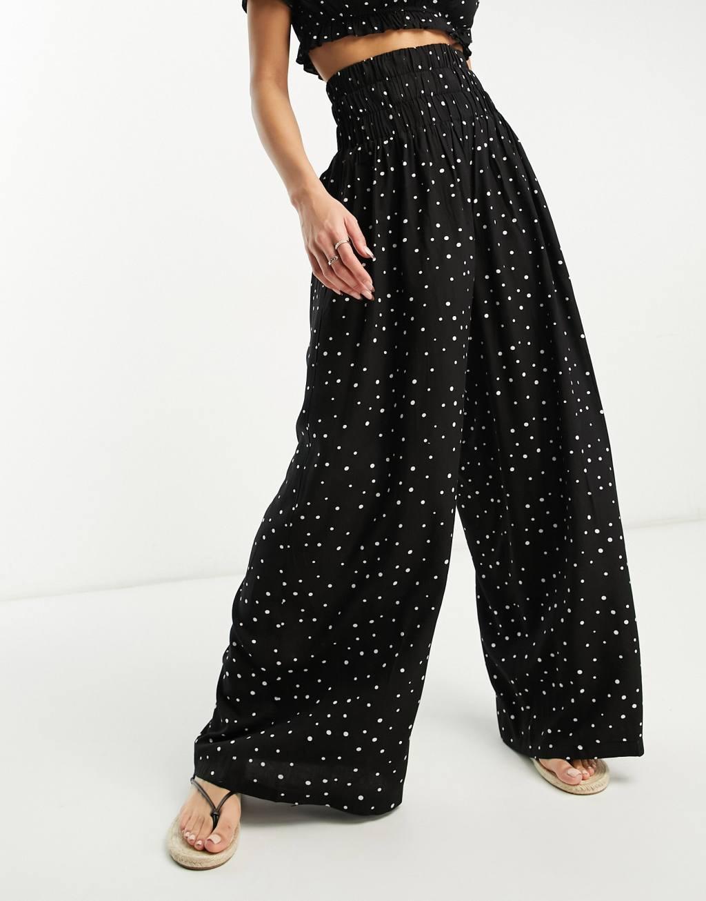 Esmee Exclusive shirred wide leg beach pants in black Product Image