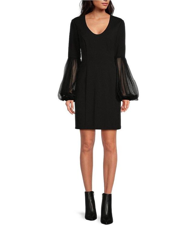 Trina Turk Mai Knit Jersey Scoop Neck Long Sleeve With Tulle Mesh Bell Sheath Dress Product Image