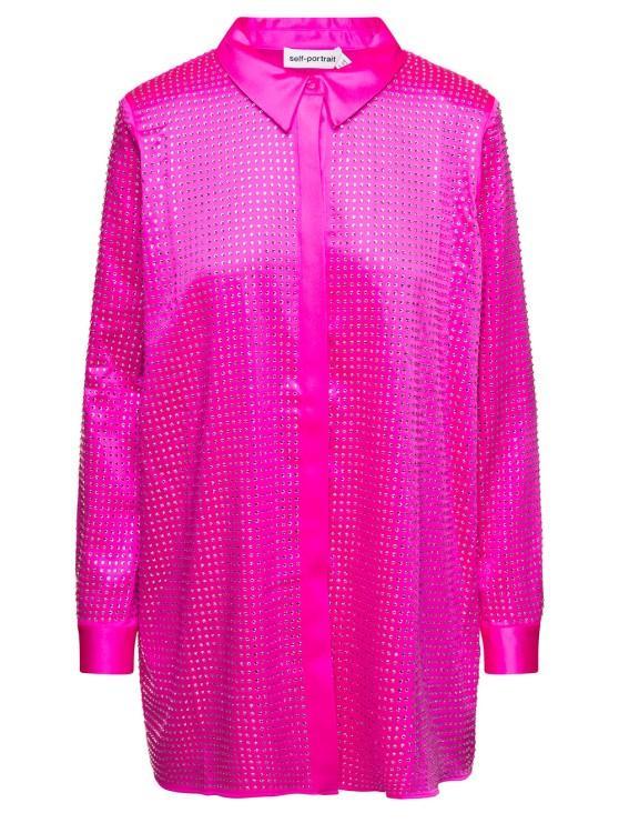 Hot Fix Rhinestone Embellished Satin Shirt In Pink Product Image