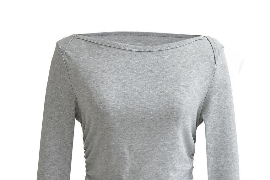 Long Sleeve Boat Neck Plain Ruched T-Shirt Product Image